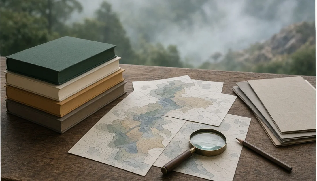 A source desk with books and unlabelled maps