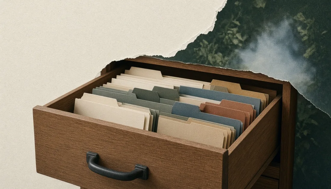 A quiet archive drawer with blank index tabs