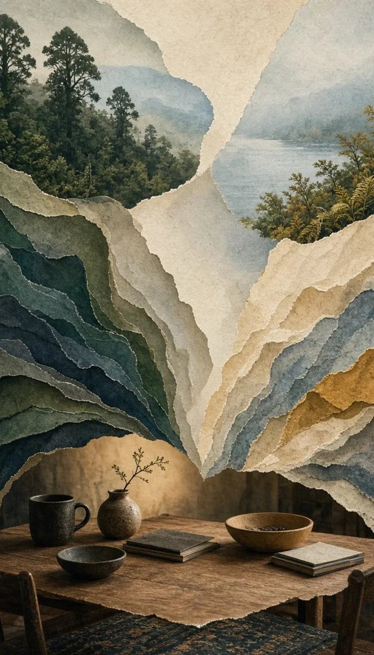 Layered paper landscape beside a calm shared table